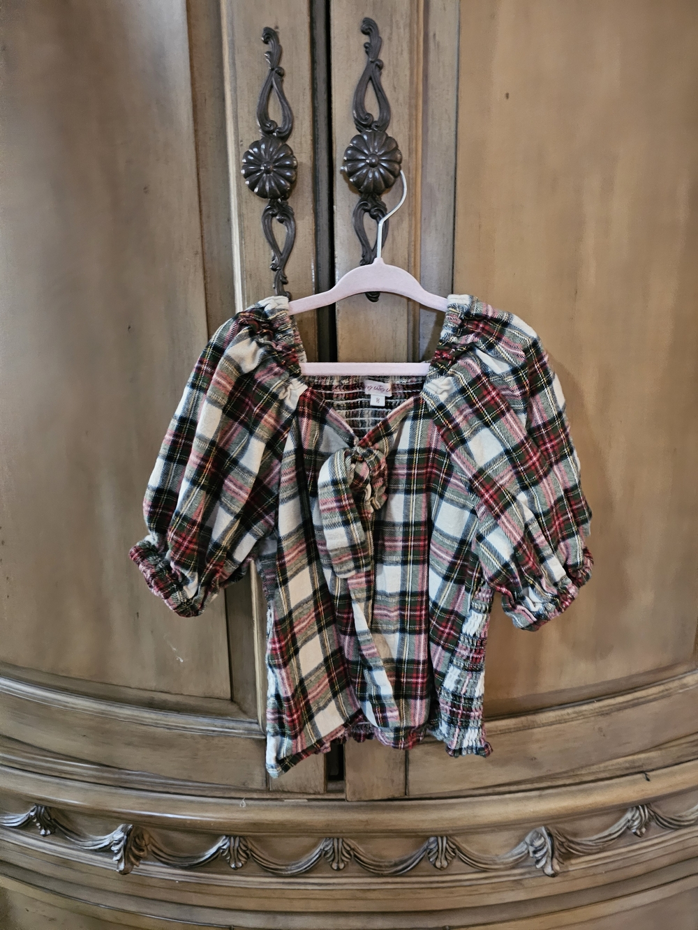 Ivy City Co Plaid Puff Sleeve Smocked Cotton Top in Red, Green, White